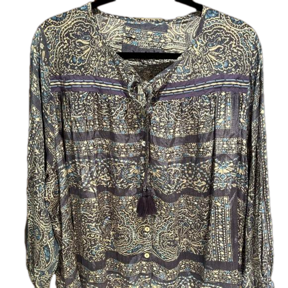 Kyla Seo Printed Peasant Blouse in Navy and Cream